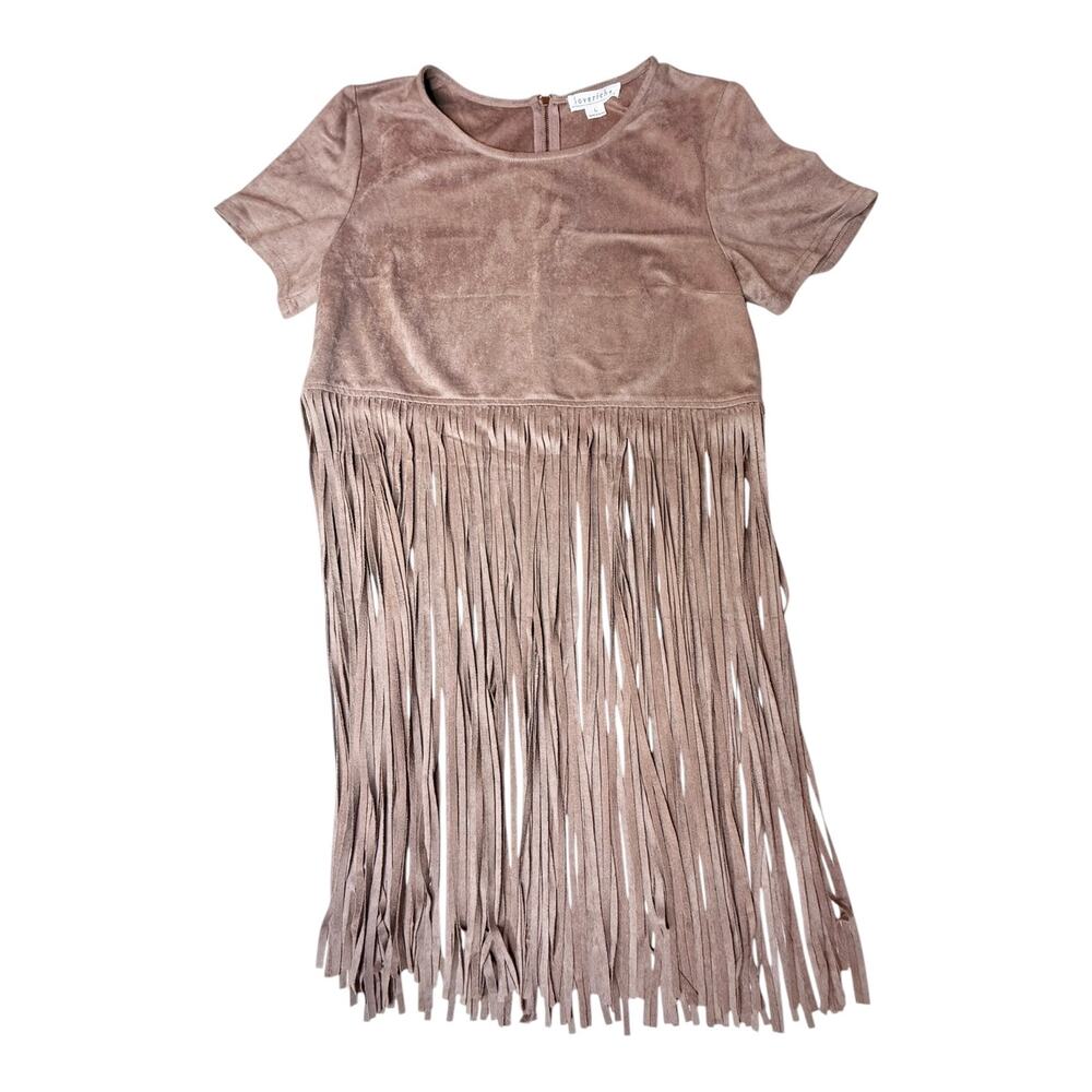 LoveRiche Fringe Shirt Dress Suede Taupe Womens Large Swing Boho Long Tassel Top